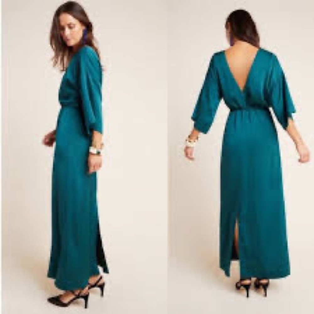 Emerald green teal satin full length Anthropologie dress with low v back